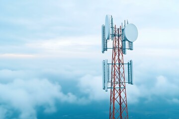 Telecommunication tower cellular Macro Base Station 5G radio network telecommunication equipment with radio modules and smart antennas mounted on metal against a clouds sky backgro