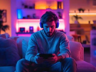 Obraz premium Happy man gamer wear headphone competition play video game online with smartphone colorful neon light in living room at night modern house Esport streaming game online