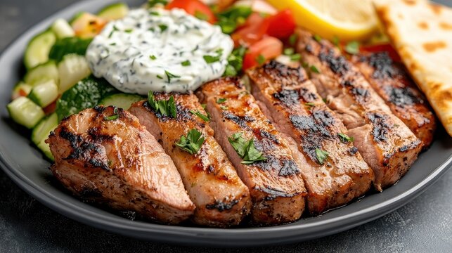 Grilled Pork Steak with Fresh Vegetables and Lemon