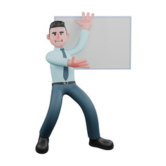 3D Economic Practitioner. A male financial analyst is standing in front of a whiteboard, while his left palm is raised upwards and his left palm is facing forward. Male Financial Analyst