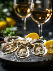 Luxurious Display of Fresh Oysters on Ice with Lemon and Wine