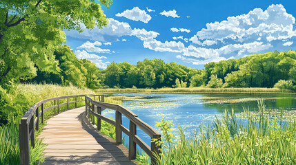 National Hiking Day celebration with a scenic wooden bridge by a tranquil pond in nature