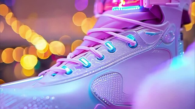 Colorful, illuminated roller skates placed on a vibrant, bright background with festive lights.