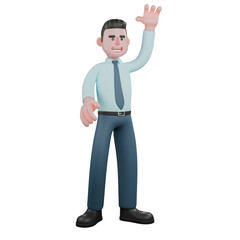 3D Male Financial Analyst Character. A male financial analyst is standing while waving, as if saying hello. Economic Professional