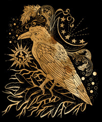 Styled grunge illustration with silhouettes of crow, moon and conifer branches against black background. Esoteric, gothic and mystic poster or card. Halloween and New Year concept.