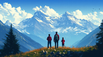 Obraz premium Family enjoys a scenic view of mountains on National Hiking Day in a breathtaking landscape