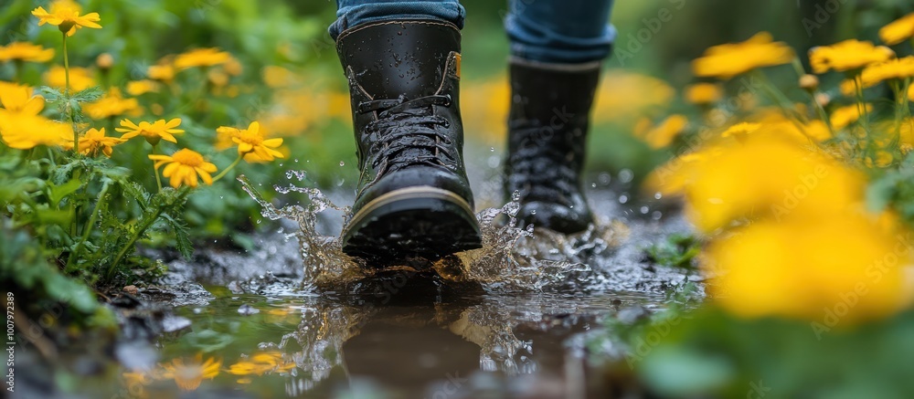 Canvas Prints A pair of black boots splashes through a puddle in a field of yellow flowers.