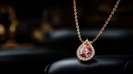 Elegant gold necklace with pink gemstone on a dark background.
