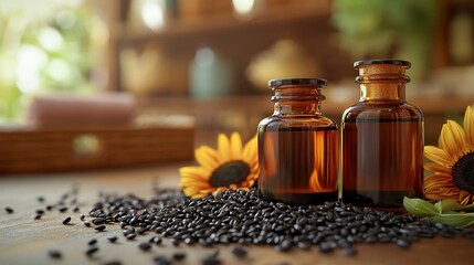 Two amber glass bottles filled with oil sit on a wooden table surrounded by sunflower seeds and flowers.