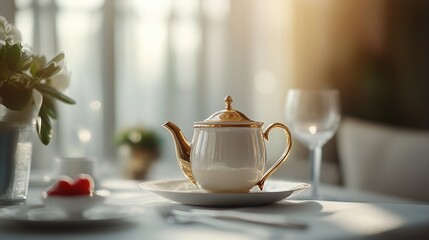 Fototapeta premium Elegant tea pot on a table setting with soft lighting.