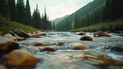 Flowing river with rocks surrounded by lush trees and mountains in the background.