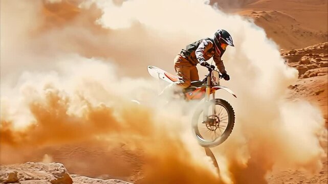 A motocross rider jumps over a dusty terrain, creating a cloud of dust in the air.