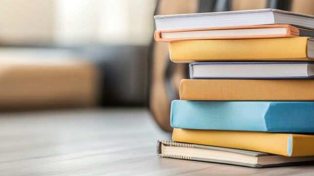 Colorful Pile of Notebooks and Textbooks on Table