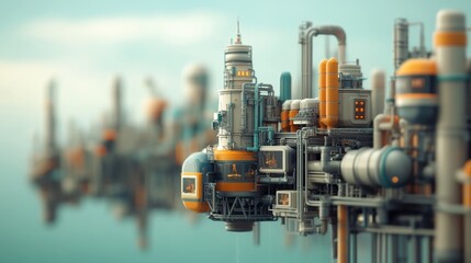 Fototapeta premium Industrial structure with pipelines and machinery in a blurred background.