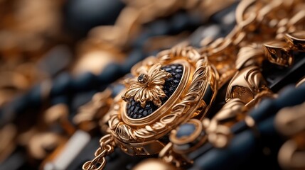 Intricate gold jewelry with blue stones on a textured background.