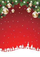 柊とオーナメントのあるクリスマス背景、街並み、赤、かわいい、イラスト、縦