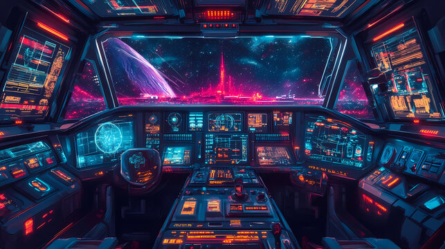 Futuristic spaceship cockpit interior. future spacecraft control panels technology, space travel concept. generative ai. Spaceship Interior. Illustration