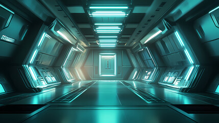 Naklejka premium Futuristic spaceship interior with glass windows and bright lights. Spaceship Interior. Illustration