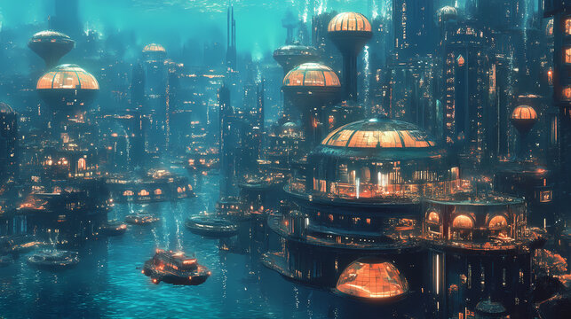 Futuristic underwater city with domed structures and underwater vehicles. Underwater City. Illustration