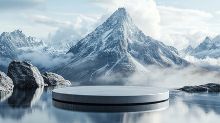 silver podium stands prominently against a majestic mountain backdrop, symbolizing achievement, perseverance, and success. The serene yet powerful landscape evokes determination and aspiration