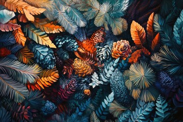 Abstract Floral Painting with Pine Cones and Blue and Orange Tones