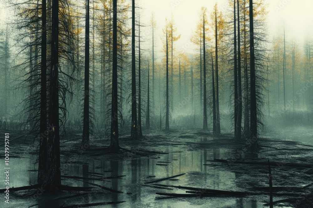 Canvas Prints Foggy Swamp with Silhouetted Trees and Fallen Branches