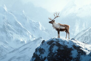Obraz premium Reindeer Standing on a Snowy Mountain Peak