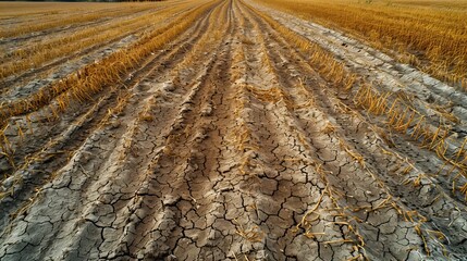 Fototapeta premium Parched and cracked agricultural field with visible plow lines stretching to distant horizon
