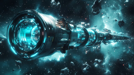 Hyperloop transit system futuristic transit with a space background and text area. Galactic Outpost. Illustration