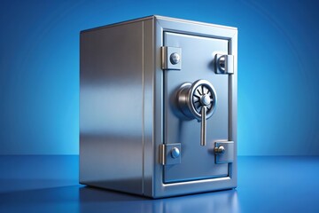 3D Render of a Closed Metallic Safe Box Isolated on Blue Background for Banking Safety Concept