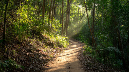 Obraz premium Explore the tranquil hiking trail bathed in sunlight on National Hiking Day in a lush forest setting