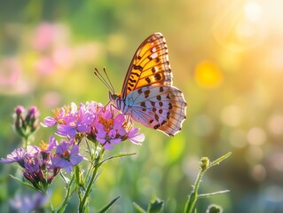 Obraz premium A vibrant orange and white butterfly feeding on pink wildflowers in a sunlit meadow during golden hour.