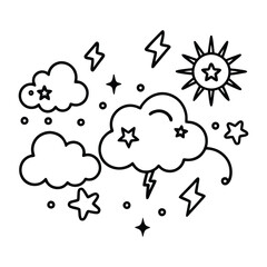 Black and white set of nature objects Vector cartoon collection of weather icons