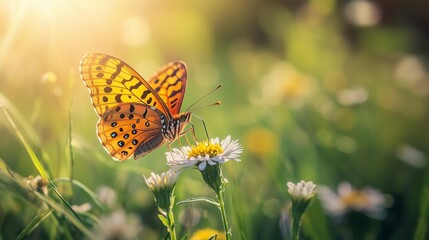 An orange butterfly feeding on a white daisy flower in a sunlit meadow.