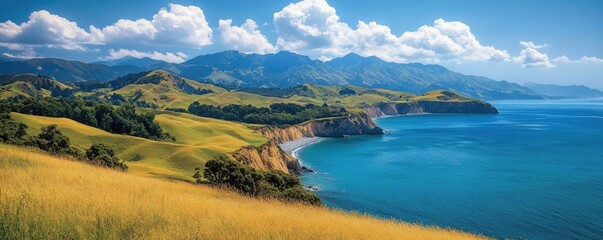 A sweeping panorama of rolling hills and pristine coastline, capturing the harmony of natures conservation, vibrant scenery