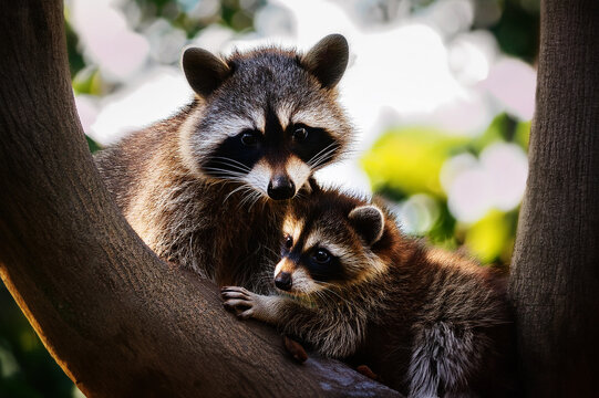 Ein Waschb&auml;r mit seinem Jungtier im Baum
