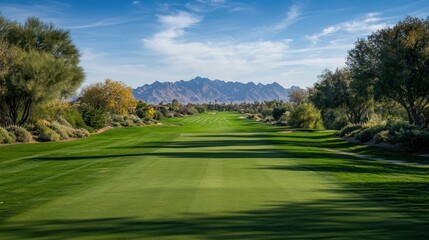Golfer's View from Tee Box: Long Fairway with Majestic Mountain Background