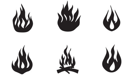 silhouette Cartoon campfire set in flat, black silhouette white background
