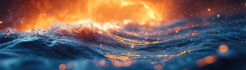 Fototapeta premium Close-up of cosmic waves, merging news headlines with vibrant nebulae, illustrating space explorations influence