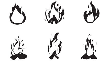 silhouette Cartoon campfire set in flat, black silhouette white background
