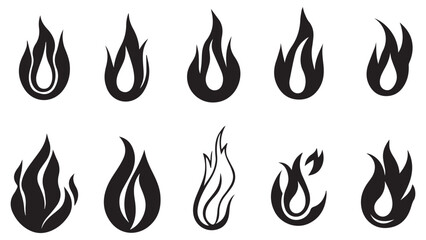 silhouette Cartoon campfire set in flat, black silhouette white background
