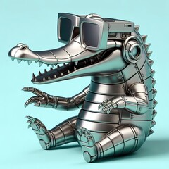 a cool and hip silver shinny metallic futuristic alligator character