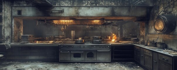 Cooking under a dim glow in a post-apocalyptic kitchen, abandoned cityscape as backdrop, surreal culinary masterpieces