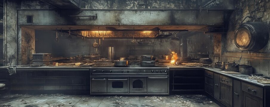 Cooking under a dim glow in a post-apocalyptic kitchen, abandoned cityscape as backdrop, surreal culinary masterpieces