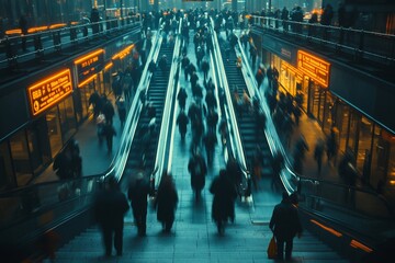 Obraz premium A bustling crowd of people moving up and down escalators in a modern train station, with a blurred motion effect.