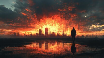 Dystopian landscape unfolds under eerie twilight, fragmented reality merging with psychological essence, haunting silhouettes emerge