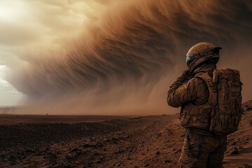 A lone soldier facing a swirling desert storm