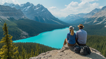 Fototapeta premium Couple enjoying breathtaking views at Peyto Lake on National Hiking Day in the Canadian Rockies