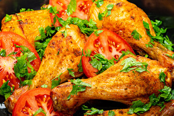 Juicy baked chicken legs with tomatoes and greens