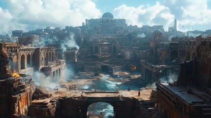 Frontal view of a futuristic dystopian city, ancient ruins juxtaposed with modern technology, suspenseful and thought-provoking atmosphere